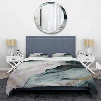 Design Art Green And White Contemplative Abstraction Ii - Abstract Duvet Cover Set - Microfiber Polyester In White;green