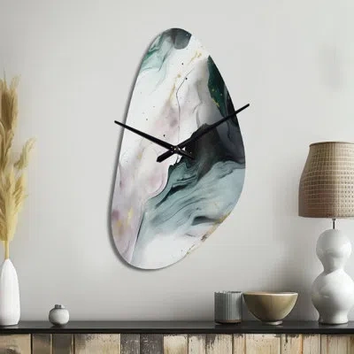 Design Art Green And White Contemplative Abstraction Ii - Marble Asymmetrical Metal Wall Clock, Modern Unique S
