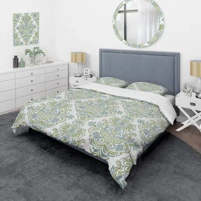 Design Art Green And White Damask - Abstract Duvet Cover Set - Microfiber Polyester