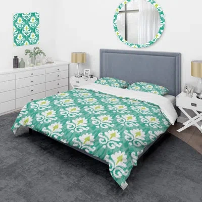 Design Art Green And White Damask - Abstract Duvet Cover Set - Microfiber Polyester In White;green