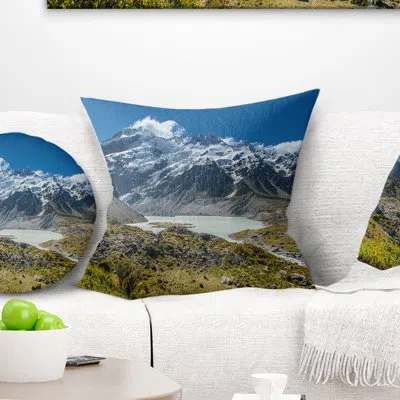 Design Art Green And White Mountains New Zealand - Landscape Printed Pillow In Blue