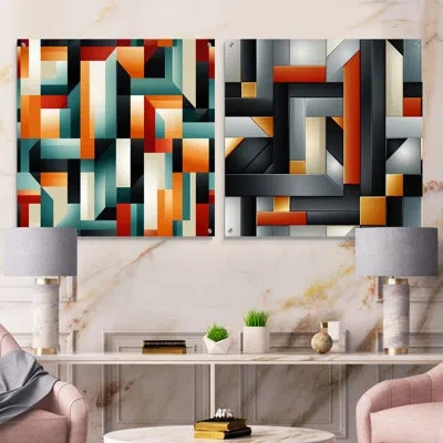 Design Art Green And Yellow Geometric Chic Pattern - Abstract Geometric Acrylic Wall Art Glass Set Of 2 In Green.yellow