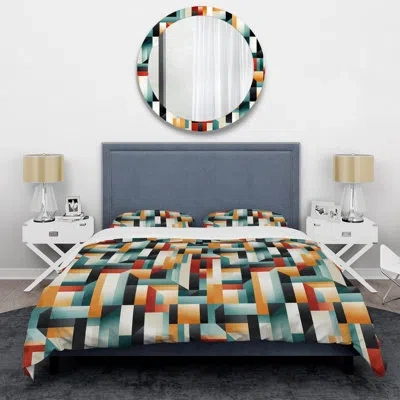 Design Art Green And Yellow Geometric Chic Pattern Green/orange Microfiber Duvet Cover Set In Green;orange