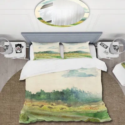 Design Art Green Blossoming Summer Landscape - Traditional Duvet Cover Set - Microfiber Polyester In Green,yellow