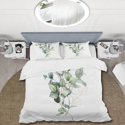 Design Art Green Bouquet Of Eucalyptus I - Traditional Duvet Cover Set - Microfiber Polyester In Green,white
