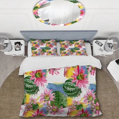 Design Art Green Cactus With Pink Flower - Cabin & Lodge Duvet Cover Set In Green,pink,yellow