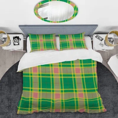 Design Art Green Checked Tartan - Abstract Duvet Cover Set - Microfiber Polyester In Green,pink