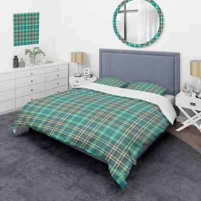 Design Art Green Checked Tartan - Abstract Duvet Cover Set - Microfiber Polyester In Teal