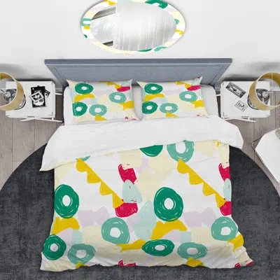 Design Art Green Circle Dots - Abstract Duvet Cover Set - Microfiber Polyester In Green,yellow,red
