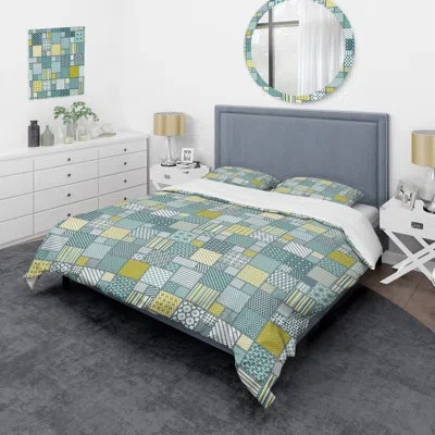 Design Art Green Creative Patchwork - Abstract Duvet Cover Set - Microfiber Polyester In Green,yellow