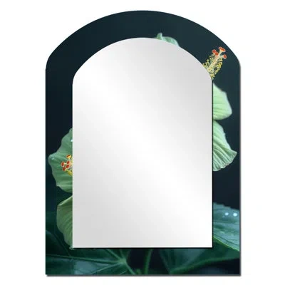 Design Art Green Crystal Hibiscus Beauty I - Hibiscus Arch Mirror, Green Asymmetrical Decorative Wall Mirror, P In Black;green