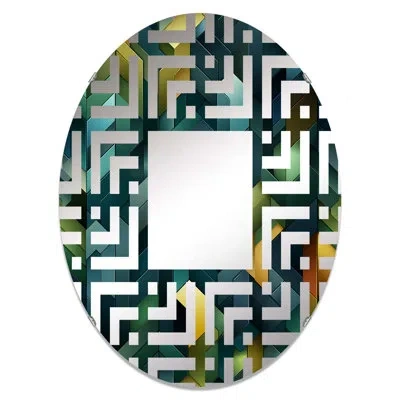 Design Art Green Cubic Oasis Geometric Iv - Maze Decorative Mirror Oval In Yellow;teal