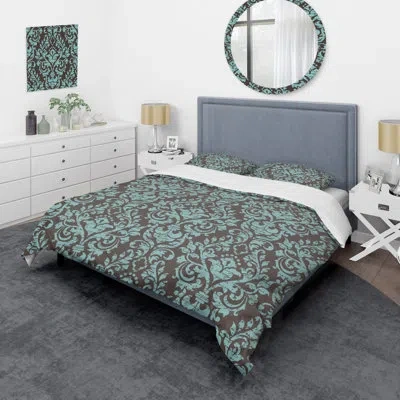 Design Art Green Damask - Abstract Duvet Cover Set - Microfiber Polyester In Brown