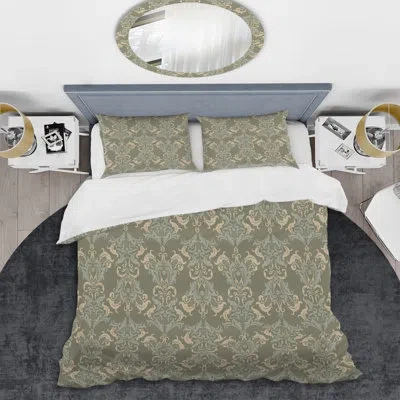 Design Art Green Damask - Abstract Duvet Cover Set - Microfiber Polyester In Green,gray