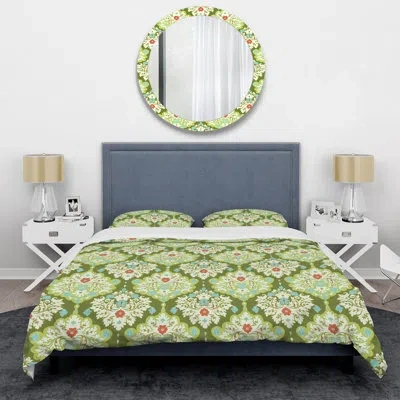 Design Art Green Damask - Abstract Duvet Cover Set - Microfiber Polyester In Green,red