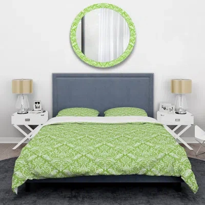 Design Art Green Damask - Abstract Duvet Cover Set - Microfiber Polyester In Green,white