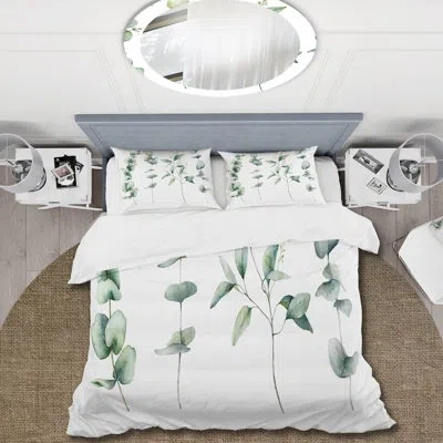 Design Art Green Eucalyptus Branches I - Traditional Duvet Cover Set - Microfiber Polyester In Green,white