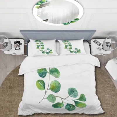 Design Art Green Eucalyptus Branches Ii - Traditional Duvet Cover Set - Microfiber Polyester In Green,white