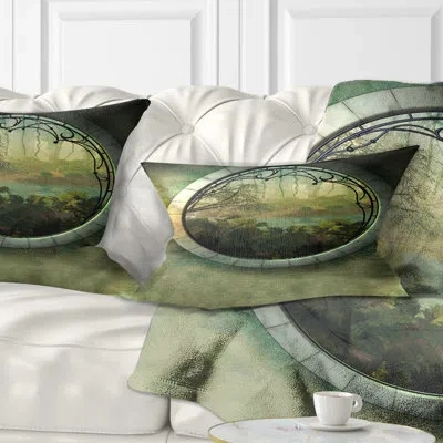 Design Art Green Fantasy Landscape With Frame - Landscape Printed Pillow