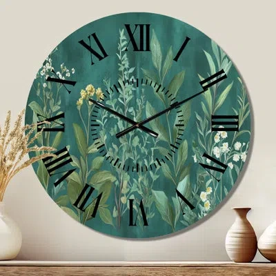 Design Art Green Farmhouse Botanical Garden - Kitchen Round Metal Wall Clock In Teal