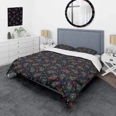 Design Art Green Floral Paisley - Abstract Duvet Cover Set - Microfiber Polyester In Black