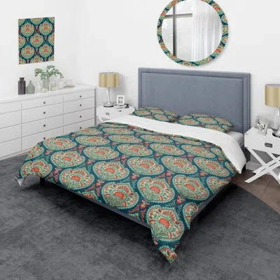 Design Art Green Floral Paisley - Abstract Duvet Cover Set - Microfiber Polyester In Blue,green