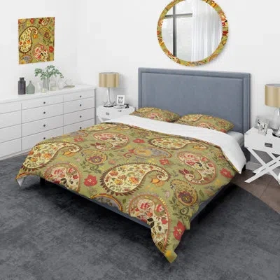 Design Art Green Floral Paisley - Abstract Duvet Cover Set - Microfiber Polyester In Green,yellow