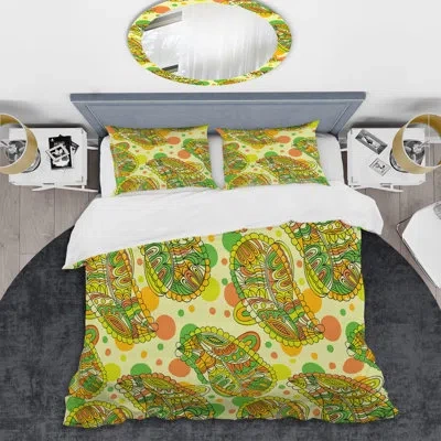 Design Art Green Floral Paisley - Abstract Duvet Cover Set - Microfiber Polyester In Yellow,green