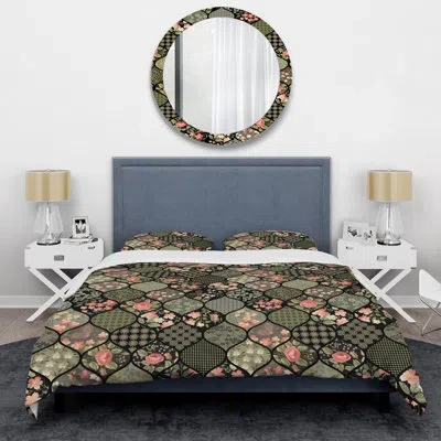 Design Art Green Floral Patchwork Duvet Cover Set In Dark Green,pink,black