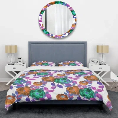 Design Art Green Flower And Purple Leaf - Cabin & Lodge Duvet Cover Set In White,purple,green