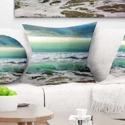 Design Art Green Foaming Waves And Blue Sky - Sea & Shore Printed Throw Pillow