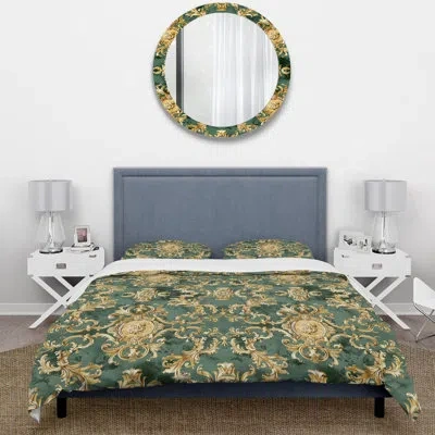 Design Art Green Gold Damask And Baroque Pattern Ii - Damask Duvet Cover Set In Green;gold