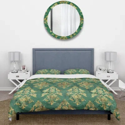 Design Art Green Gold Damask And Baroque Pattern Iv - Damask Duvet Cover Set In Green;gold