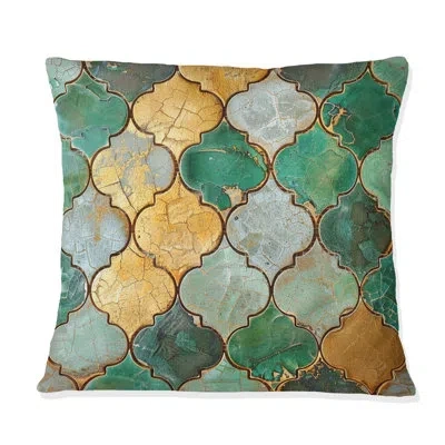 Design Art Green Gold Ornate Gilded Mosaic Iii - Tiles Throw Pillow In Green;gold
