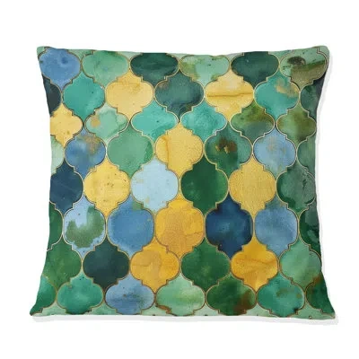 Design Art Green Gold Ornate Gilded Mosaic Iv - Tiles Throw Pillow In Green;yellow