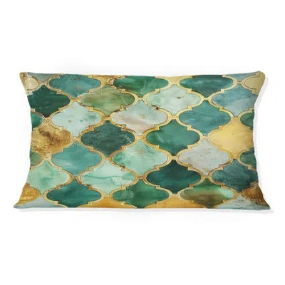 Design Art Green Gold Ornate Gilded Mosaic V - Tiles Lumbar Pillow In Green;yellow