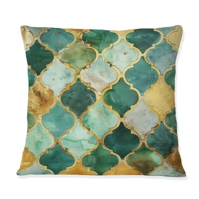 Design Art Green Gold Ornate Gilded Mosaic V - Tiles Throw Pillow In Green;yellow