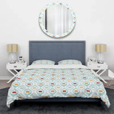 Design Art Green Ikat Ogee - Abstract Duvet Cover Set - Microfiber Polyester In Blue,white