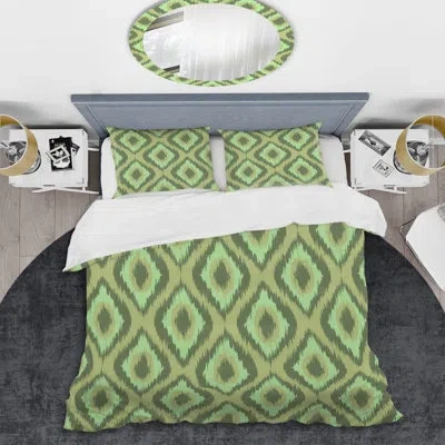 Design Art Green Ikat Ogee - Abstract Duvet Cover Set - Microfiber Polyester In Green,light Yellow