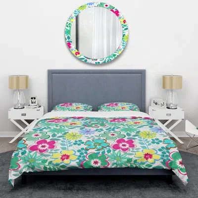 Design Art Green Leaf And Flower - Floral Duvet Cover Set - Microfiber Polyester In Green,pink,white