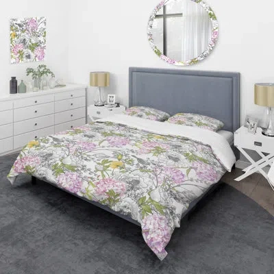 Design Art Green Leaf And Pink Roses - Floral Duvet Cover Set - Microfiber Polyester In Green,white