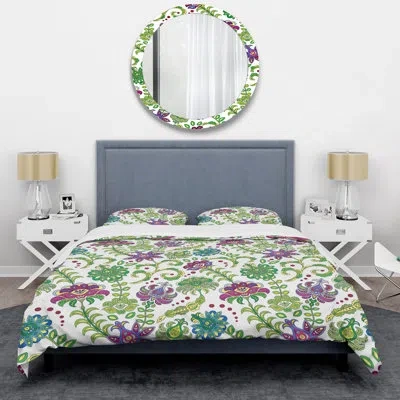 Design Art Green Leaf And Roses - Floral Duvet Cover Set - Microfiber Polyester In Green,white,purple