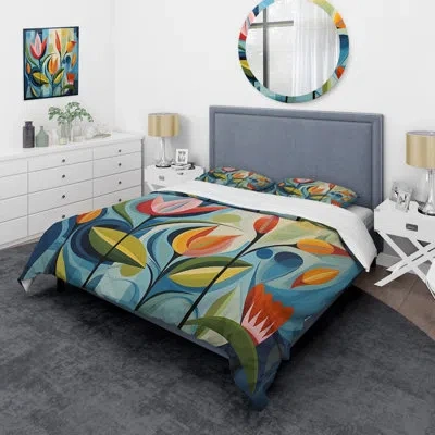 Design Art Green Mid Century Mod Nature Ii - Abstract Midcentury Duvet Cover Set - Microfiber Polyester In Green;orange