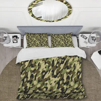 Design Art Green Military Camouflage - Abstract Duvet Cover Set - Microfiber Polyester In Green;cream