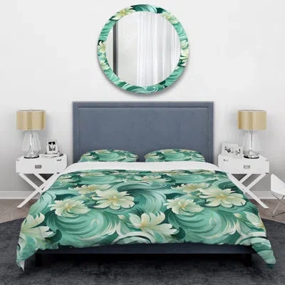 Design Art Green Mint Seamless Waves - Floral Duvet Cover Set - Microfiber Polyester In White;green