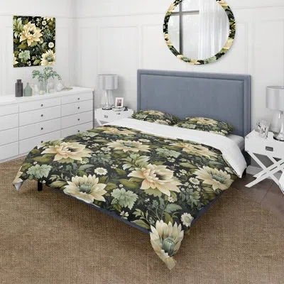 Design Art Green Ornate Damask Peonies Opulence - Floral Duvet Cover Set In Green;beige