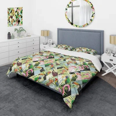 Design Art Green Palm Leaves Patchwork - Patterned Duvet Cover Set In Green,blue,pink
