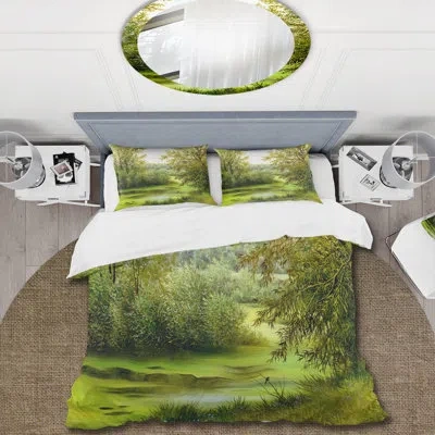 Design Art Green Pond With Spring Trees - Country Duvet Cover Set - Microfiber Polyester