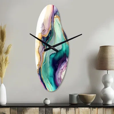 Design Art Green Purple Abstract Geode - Marble Asymmetrical Metal Wall Clock, Green Curved Wall Clock Print In Green;purple