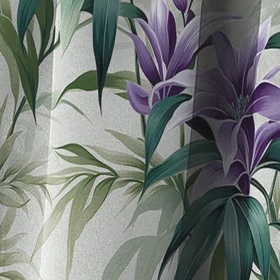 Design Art Green Purple Bamboo Serenade Tropical Pattern Vi - Floral Blackout Curtain - 1 Panels In Green;purple